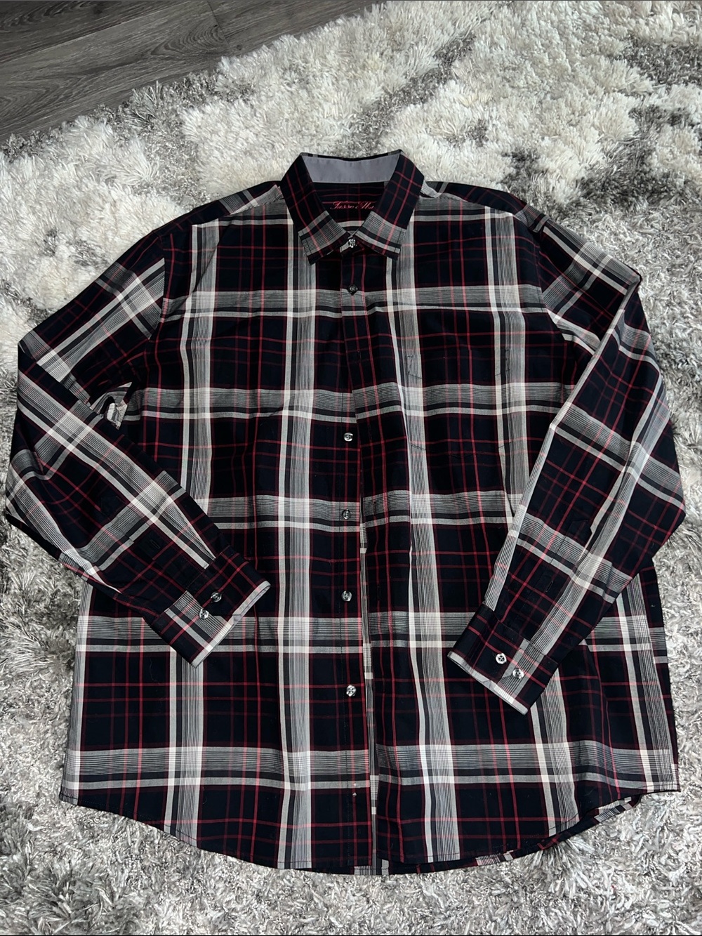 Tasso Elba Black Plaid Shirt with Burgundy Accents